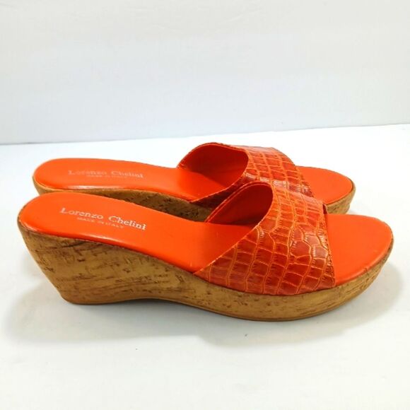 Lorenzo Chelini Orange Crocodile Print Cork Wedge Sandals. Womans 8............. - Picture 8 of 13